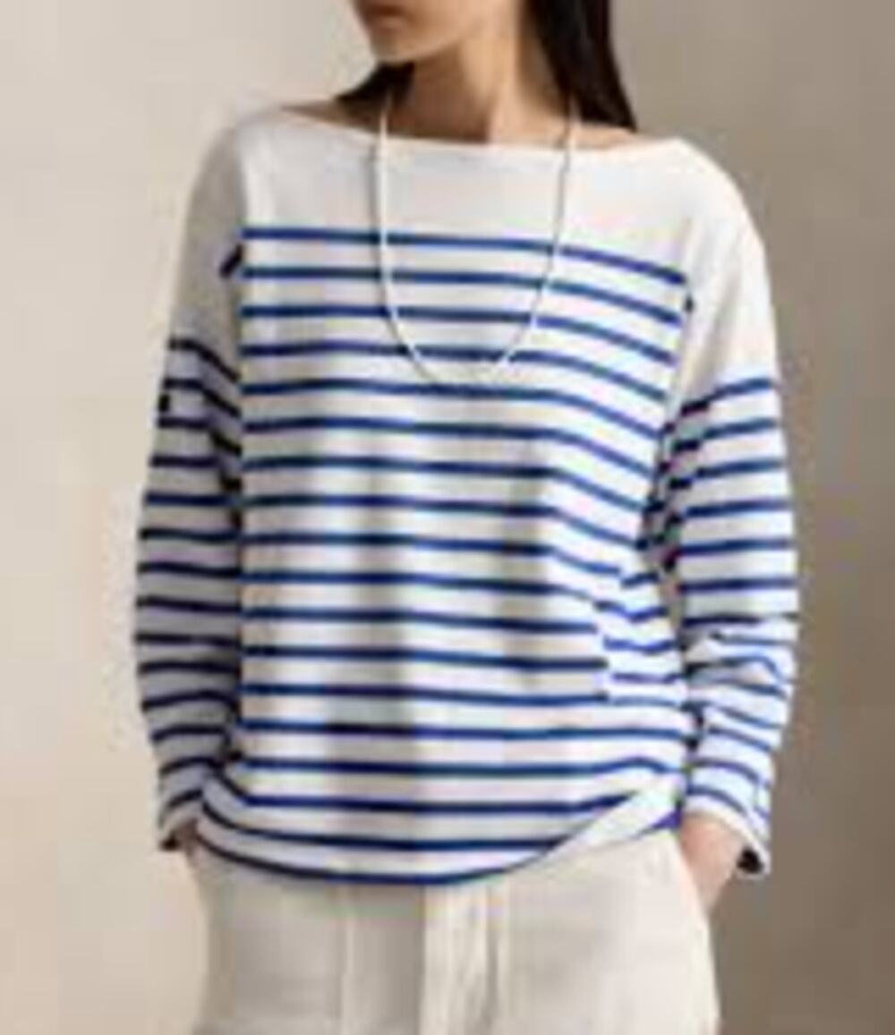 Polo by Ralph Lauren Striped Long Sleeve Cotton Boatneck Jersey Tee Shirt Blue